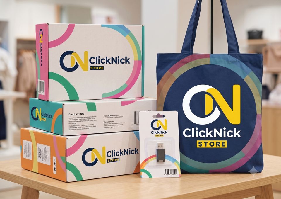 Caixas e sacola com a nova identidade visual da ClickNick Store, em azul, amarelo e arcos coloridos